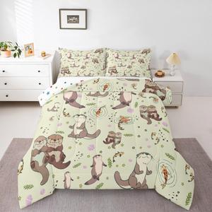 Erosebridal Комплект постельного белья Lap Otters с утепленным одеялом в морском стиле с изображением кои и выдр, бежево-желтый, Beige Light Yellow