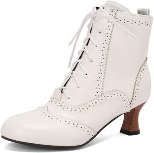 Женские ковбойские ботильоны на щиколотку с классической шнуровкой, молнией и круглым носком QSPGONA, White