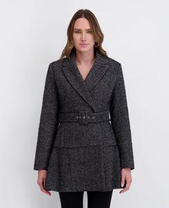 Женский шерстяной жакет с поясом и юбкой из твида в елочку kensie, Black/white