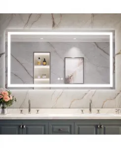 Зеркало для ванной комнаты с подсветкой, дюймов, светодиодное, закаленное стекло, с передней и задней подсветкой, регулируемой яркостью, 3-цветное, с функцией памяти, без рамки, с защитой от запотевания Keonjinn, silver