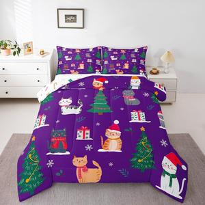 Erosebridal Комплект постельного белья Cartoon Cat с рождественской елкой и милыми котятами в фиолетовых тонах, Green Grey Red White Purple