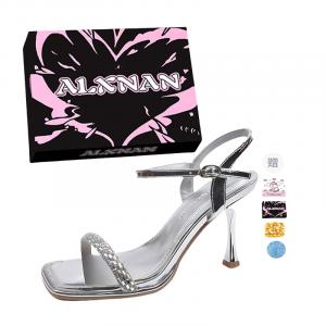 Alxnan Женские сандалии на одной застежке серебристые с коробкой, открыткой, подсветкой и рафией, цвет Silver+Box+Card+Ambient Light+Raffia