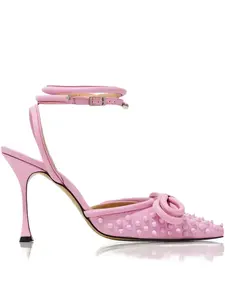 Кожаные туфли-лодочки на каблуке 100 мм с украшением в виде банта и заклёпками Mach & Mach, розовый