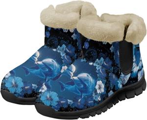 Зимние сапоги для женщин с противоскользящей подошвой, плотной подкладкой, теплые зимние ботинки для улицы, слипоны, короткие ботильоны Suhoaziia, Dolphin Flowers