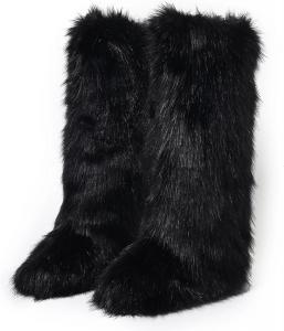 Женские сапоги с искусственным мехом, пушистые, до колена, зимние, с круглым носком, из замши, удобные, теплые, меховые, на плоской подошве, длинные, для девочек CryoSnowVale, Long Black Fox Fur