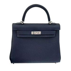 Hermes Женская сумка Kelly Togo из телячьей кожи с двойными лямками, темно-синего и мозаичного синего цвета
