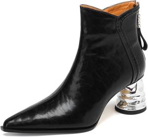 Женские ботильоны TinaCus с острым носком из натуральной кожи с ручной отделкой, широким каблуком и застежкой-молнией сзади, Black