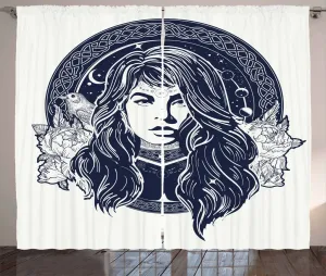 Штора ABAKUHAUS в этническом деревенском стиле, портрет оккультной женщины, универсальная ленточная штора для гостиной с петлями и крючками, 280 x 175 см, белый с темно-синим Abakuhaus