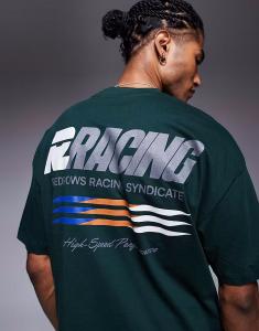 Футболка ASOS DESIGN свободного кроя со спортивной графикой спереди и сзади темно-зеленого цвета