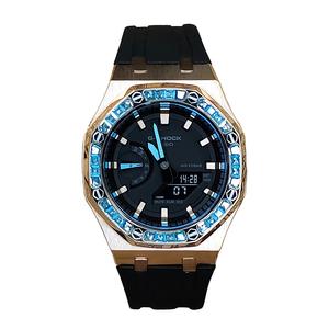 Часы Casio G-Shock Analog-Digital 2100 Series, арт. GA-2100-1A1, 44 мм, черный/розовое золото/голубые стразы