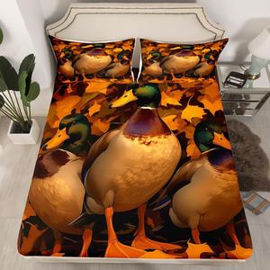 Erosebridal Комплект постельного белья Hunting Mallard с утками и кленовыми листьями в деревенском стиле, Orange Green