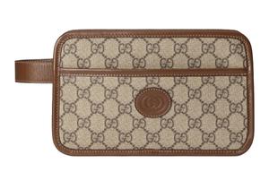 Сумка для туалетных принадлежностей из кожи и холста дорожная сумка клатч унисекс Ebony/Brown GUCCI