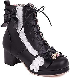 Женские модные ботильоны Elyffany с бантом, милые туфли Лолита на массивном каблуке и шнуровке, Black