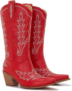 Ковбойские сапоги для женщин - западные сапоги средней длины до икра - заостренный носок - 3-дюймовый массивный деревянный каблук с вышивкой Orlynx, Bright Red