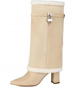 Женские сапоги AIJIVOU с отворотом и замком, на среднем голенище, с заостренным носком, массивным каблуком, с меховым воротником, зимние модные сапоги "шарки", на подкладке, Apricot