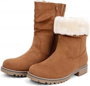 Женские сапоги VJH Comfort средней высоты, с запрокинутым голенищем, ковбойского/боевого стиля, с низким каблуком, утепленные мехом, зимние с молнией VJH confort, Cognac