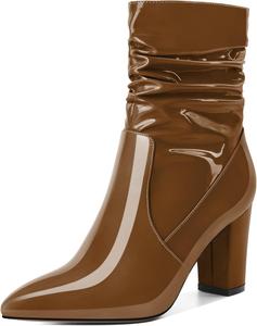 Женские свободные ботильоны Mettesally с высокими массивными каблуками, заостренным носком, боковой молнией, каблук 3,5 дюйма, полусапожки для платья, Patent Brown
