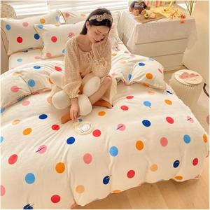 YUSIWOAL Комплект постельного белья зимний вельвет молочный с принтом горошек