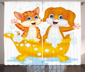 Штора для ванной/спальни ABAKUHAUS с изображением животных в деревенском стиле, мультяшный кот и собака, с присборенной лентой, петлями и крючками, 280 x 245 см, цвет: желто-коричневый, синий Abakuhaus