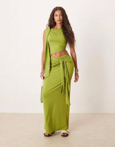 Платье миди цвета хаки со спущенными плечами и завязками Asos Design