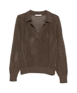 Ажурный вязаный топ с воротником-поло 3311, коричневый