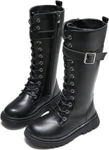 Детские ботинки для девочек с шнуровкой, кожаные боевые ботинки с боковой молнией, сапоги с широкой голенью, стиль рок/готика, для маленьких и больших детей, 4-12 лет Generic, 02-Black