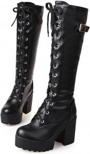 Сапоги BORAMAX до колена для женщин с плоской массивной средней подошвой, шнуровкой, из искусственной кожи, зимние с пряжкой, до середины икры, Black