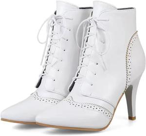 Женские кожаные ботильоны на шнуровке с высокой шпилькой, винтажные с заостренным носком, высокие каблуки, модные ботинки Виктория с невысоким каблуком-киtten для платья. Tokouk, White