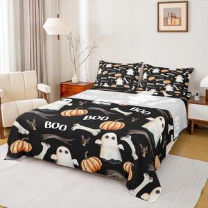 Erosebridal Комплект постельного белья Halloween Holiday с принтом тыквенных фонарей и призраков, черный, Multi 10