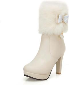 Женские элегантные туфли на высоком каблуке, теплые зимние туфли с круглым носком, туфли с высоким каблуком, свадебная и вечеринка, ботинки с искусственным мехом OXCOWNIU, Beige Thick Lining