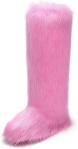 Женские высокие сапоги до колена из искусственного меха, пушистые и теплые, зимние, противоскользящие, с мягкой подошвой, удобные с круглым носком и низким каблуком, для улицы, на плоской подошве Aflngle, Pink