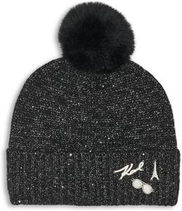 Женская вязаная шапка-бини с помпоном из искусственного меха Karl Lagerfeld с пайетками, Black