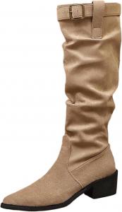 Женские повседневные сапоги до колена с широким голенищем, мягким складчатым замшевым материалом, боковой молнией, массивным низким каблуком и длинным носком Generic, Khaki