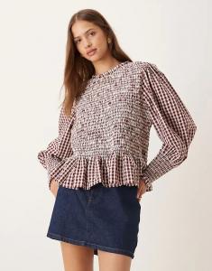Блузка Nobody's Child Knowles с рукавами-фонариками и сборками в коричневую клетку