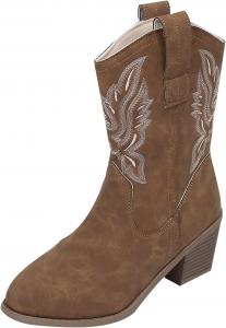 Женские ковбойские сапоги Unifizz для женщин с вышивкой, короткие вестерн-сапоги с низким массивным каблуком и заостренным носком, ботильоны до щиколотки, Dark Brown