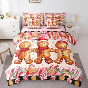 Erosebridal Комплект постельного белья Christmas Gingerbread King с рождественским принтом пряничных человечков и орехоколов в розовых тонах, White Red