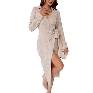 Женское платье-свитер с глубоким V-вырезом, длинным рукавом и завязкой спереди Maxxis Merch, Oat