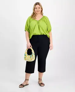 Модные однотонные эластичные брюки-капри прямого кроя больших размеров On 34th, черный