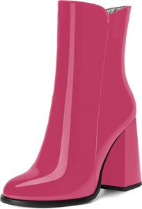 Женские ботильоны WAYDERNS на высоком каблуке 4 дюйма с круглым носком, молнией, однотонным дизайном, лаковой отделкой и модным стилем для свиданий, Magenta
