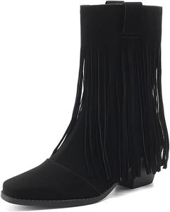 Женские ковбойские ботинки MRKEWUNEY с бахромой, на массивном каблуке, укороченные, с заостренным носком и кисточками, 16 Black