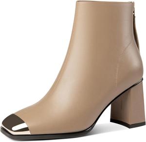 Женские ботильоны TinaCus из натуральной кожи с ручной отделкой, массивным каблуком, застежкой-молнией сзади и квадратным носком, Apricot