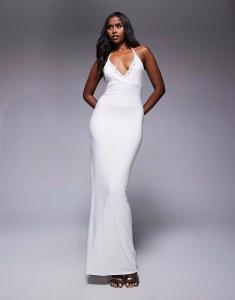 Эксклюзивное двухслойное платье-макси с кружевной отделкой и вырезом халтер белого цвета Fashionkilla