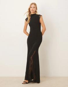 Платье макси ASOS DESIGN с высоким воротом, короткими рукавами и кружевными вставками, черное