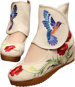 Женские кроссовки Qianmome с вышивкой колибри и цветочным рисунком, удобные спортивные модные ботильоны на подошве из ткани Qhomeshoes, Beige