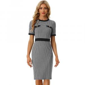 Платье в клетку с узором «гусиные лапки» для женщин. Контрастные облегающие платья с короткими рукавами. ALLEGRA K, черный
