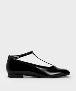 Лакированные балетки с Т-образным ремешком на щиколотке Charles & Keith, цвет Black Patent