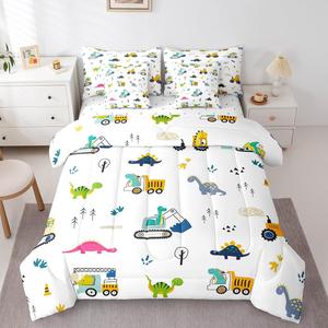 Erosebridal Комплект постельного белья Little Dino с мультяшными динозаврами и строительной техникой, 7 предметов, Pure White