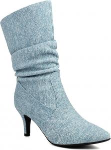 Женские джинсовые ботильоны с защипами, сексуальный заостренный носок, на подъем, с теплой меховой подкладкой, средний каблук, зимние уличные модные ботинки LVOMU, Blue