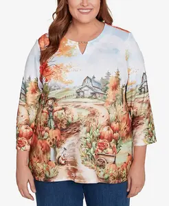 Классический топ больших размеров с вырезом-замочной скважиной и принтом «Ферма» Alfred Dunner, мультиколор