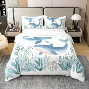 Erosebridal Комплект постельного белья Cute Whale из 100% хлопка с морским принтом в сине-зеленых тонах, Blue Green White